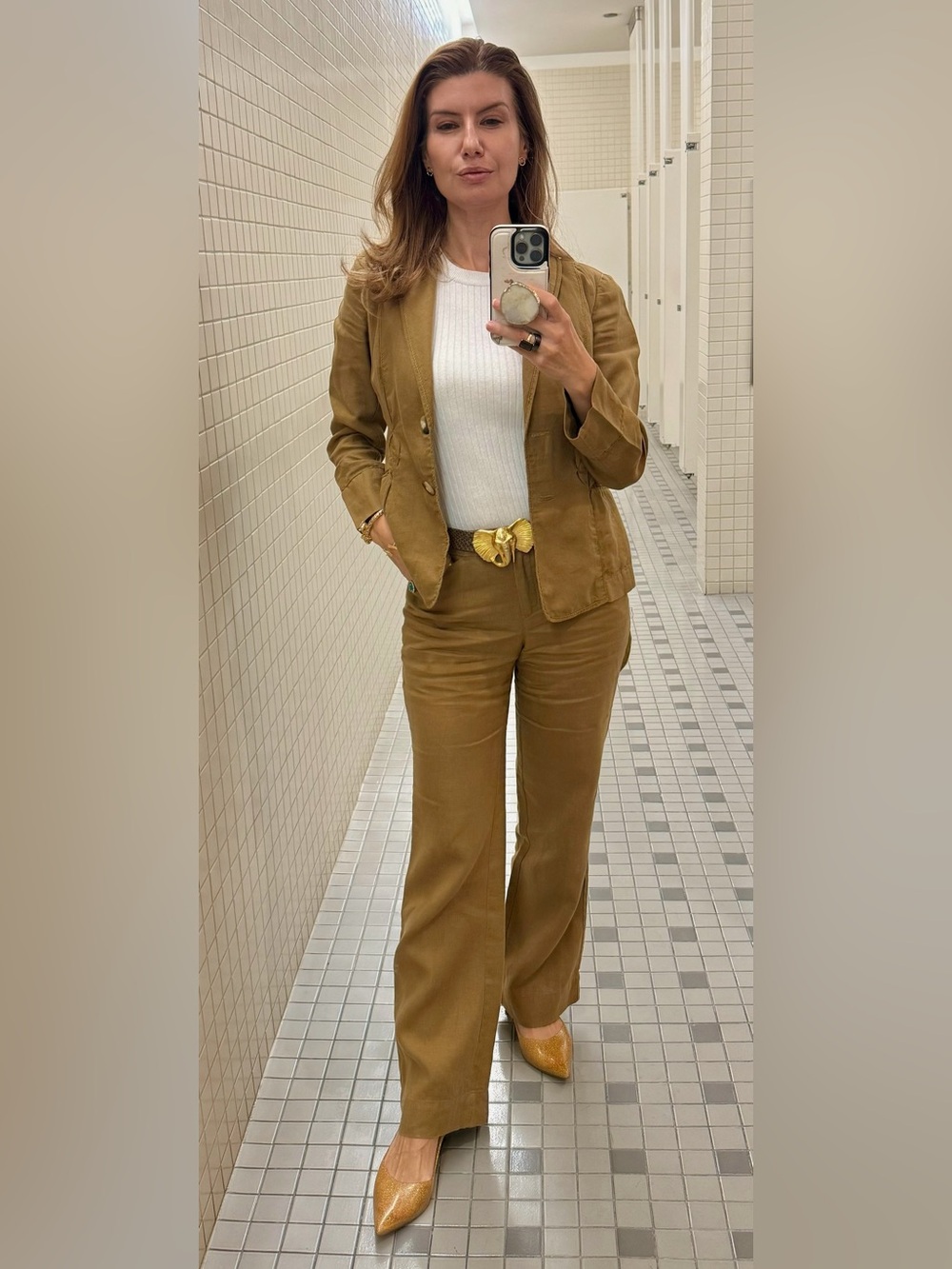 Gorgeous 100% Linen J. Jill Two-Piece Pantsuit in Caramel Brown EUC size XXSP